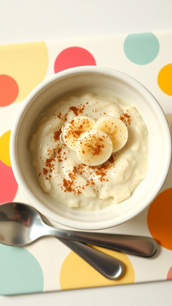 A bowl of baby oatmeal with banana and cinnamon, ready for serving.